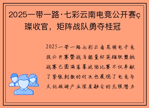 2025一带一路·七彩云南电竞公开赛璀璨收官，矩阵战队勇夺桂冠 